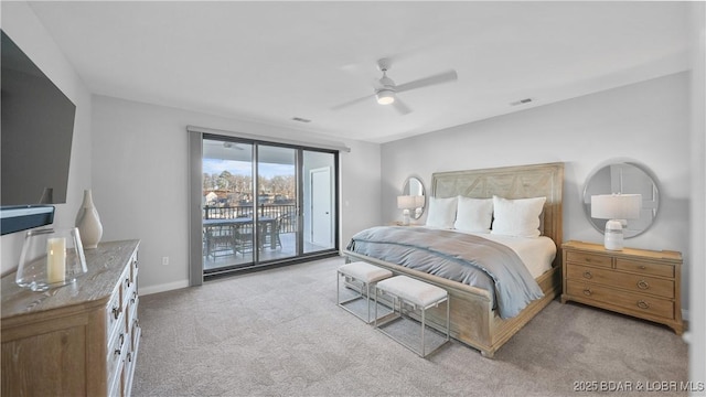 bedroom featuring ceiling fan, light colored carpet, and access to outside