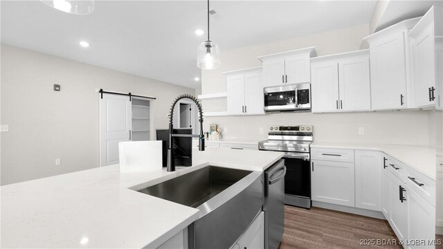 kitchen with sink, hanging light fixtures, appliances with stainless steel finishes, a barn door, and white cabinets