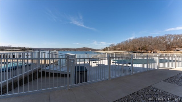 view of pool featuring a deck with water view and a patio