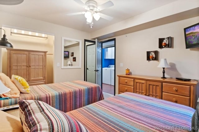 bedroom with washer / dryer and ceiling fan