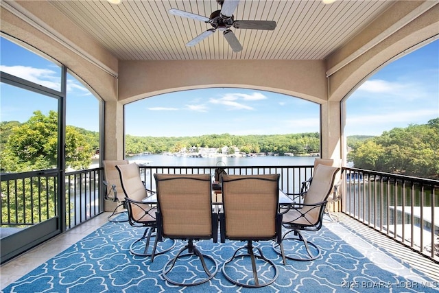 sunroom with a water view, ceiling fan, and wooden ceiling