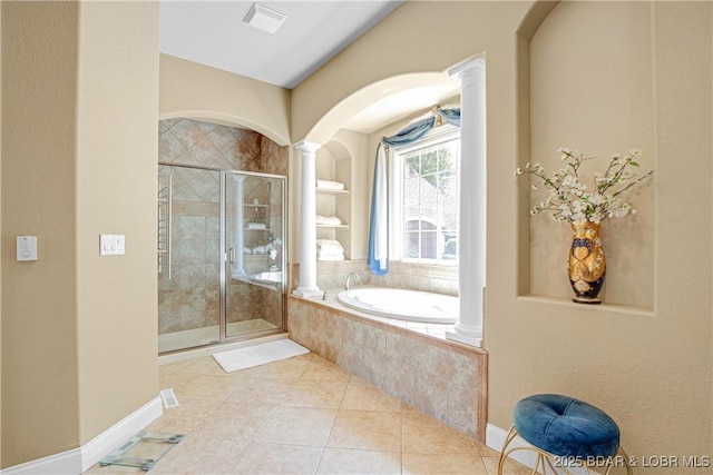 bathroom with tile patterned floors, decorative columns, and shower with separate bathtub