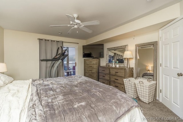 carpeted bedroom featuring ceiling fan