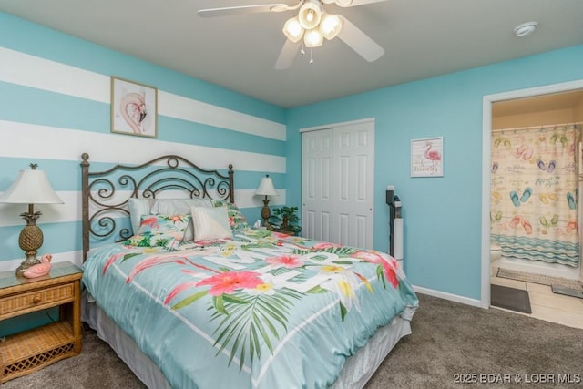 bedroom featuring ensuite bathroom, a closet, ceiling fan, and carpet flooring