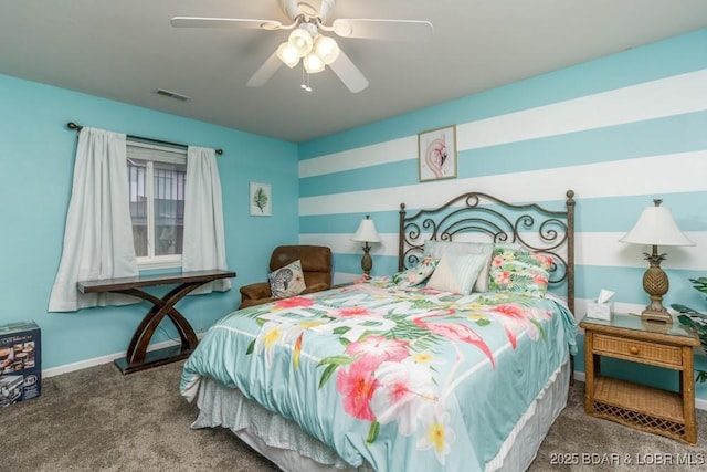 bedroom with ceiling fan and carpet