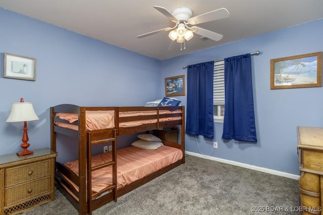 bedroom with ceiling fan and carpet