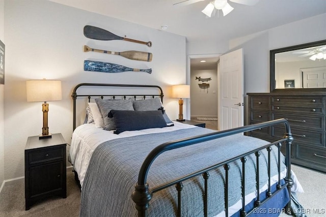 bedroom with dark carpet and ceiling fan