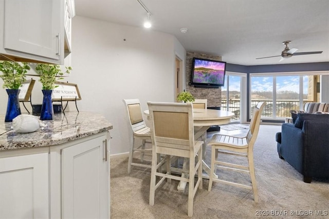 carpeted dining room with ceiling fan and rail lighting