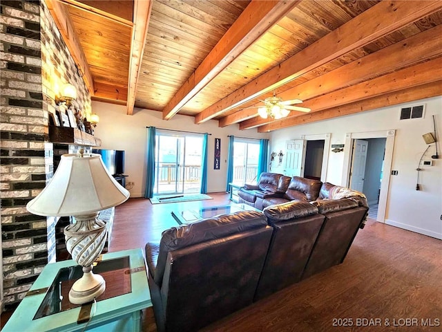 living room featuring dark hardwood / wood-style flooring, ceiling fan, wood ceiling, and beam ceiling