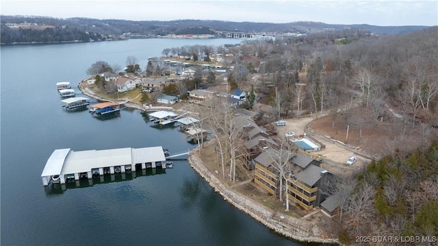 drone / aerial view featuring a water view