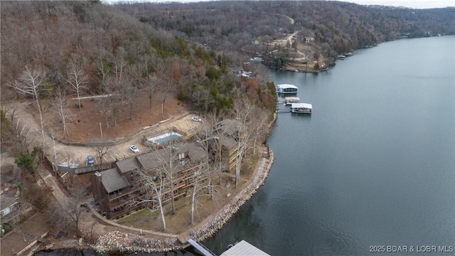 drone / aerial view featuring a water view