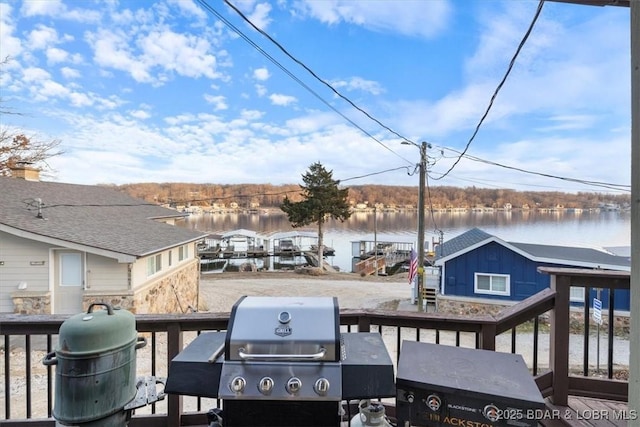 29556 Hunter Rd, Gravois Mills, MO 63069 - wooden terrace with grilling area and a water view