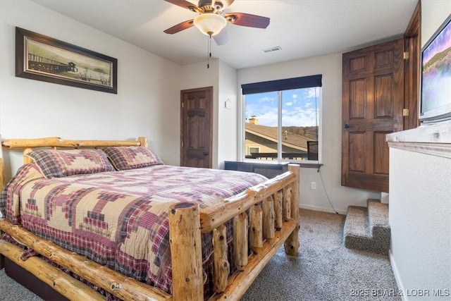 bedroom featuring carpet flooring, access to outside, and ceiling fan