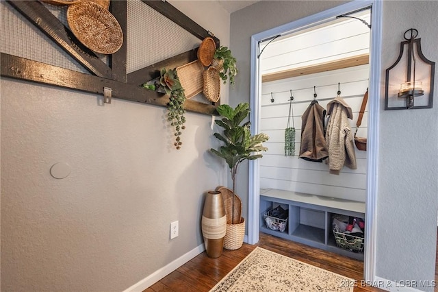 mudroom featuring baseboards and dark wood-style flooring