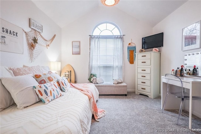 carpeted bedroom featuring vaulted ceiling