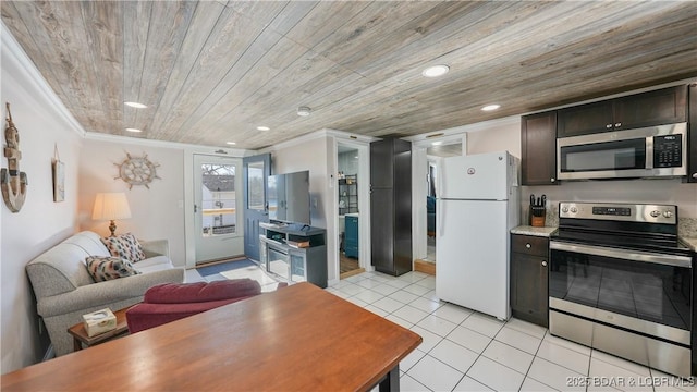 kitchen with dark brown cabinetry, crown molding, light tile patterned floors, wooden ceiling, and appliances with stainless steel finishes