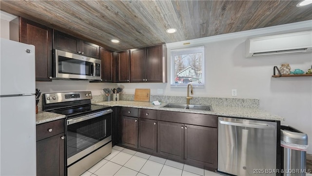 kitchen featuring sink, wood ceiling, a wall mounted AC, and appliances with stainless steel finishes