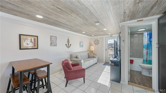 living room featuring light tile patterned floors and wooden ceiling