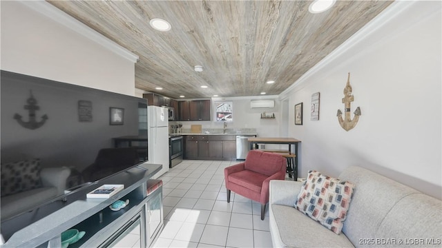 tiled living room featuring crown molding, an AC wall unit, sink, and wooden ceiling