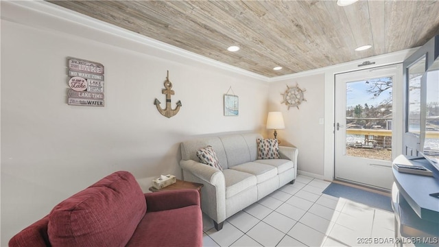 living room featuring light tile patterned floors and wood ceiling