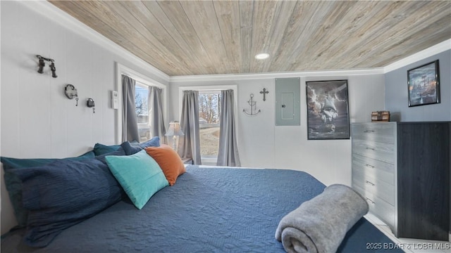 bedroom with electric panel and wood ceiling