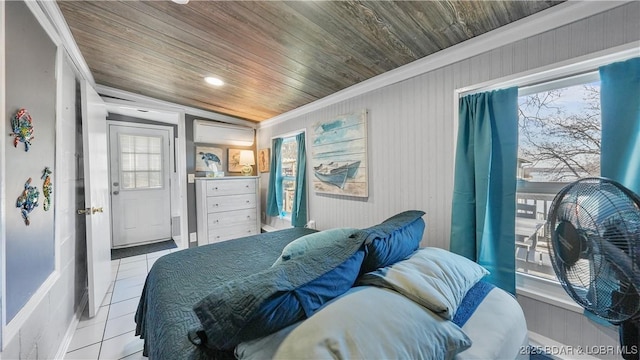 tiled bedroom with multiple windows, ornamental molding, and wood ceiling