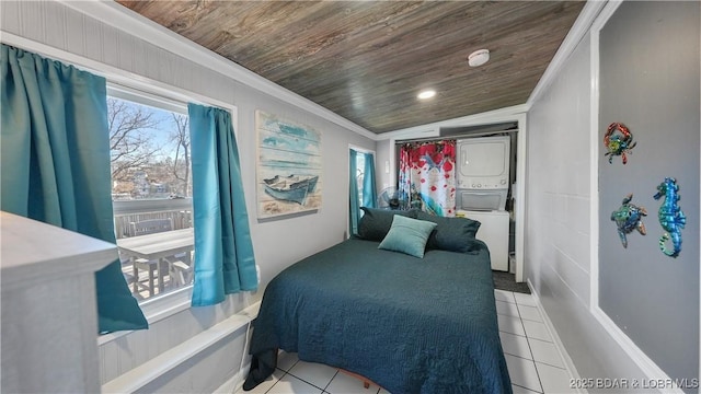 tiled bedroom featuring multiple windows, ornamental molding, and wooden ceiling