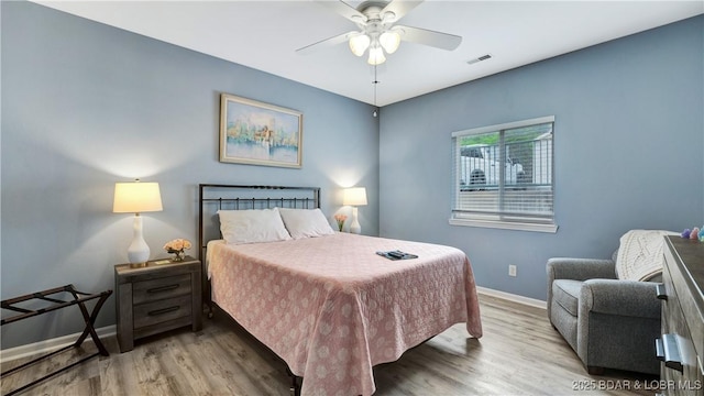 bedroom with ceiling fan and light wood-type flooring