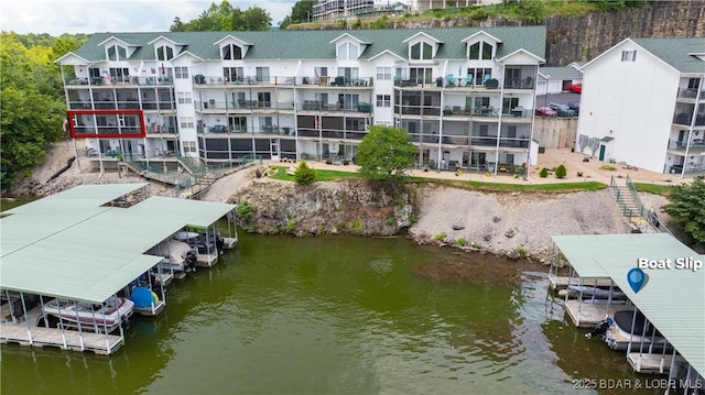 exterior space with a water view