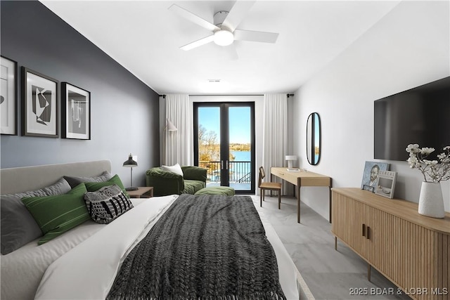 bedroom with access to outside, light colored carpet, french doors, and ceiling fan