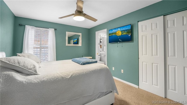 carpeted bedroom with ceiling fan