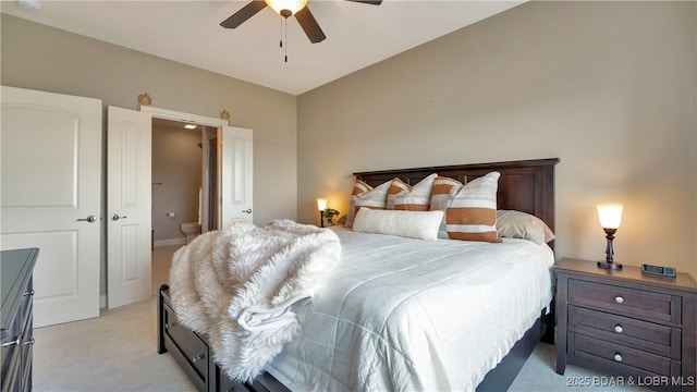 bedroom with light colored carpet and ceiling fan