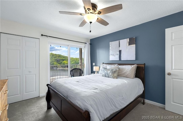 carpeted bedroom featuring ceiling fan, access to exterior, a closet, and a textured ceiling