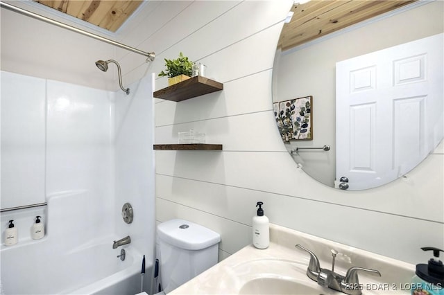 full bathroom featuring shower / tub combination, vanity, wood ceiling, and toilet