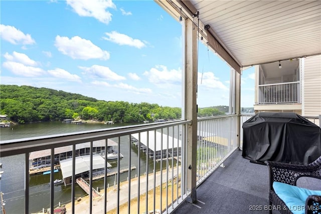 balcony featuring a water view and grilling area