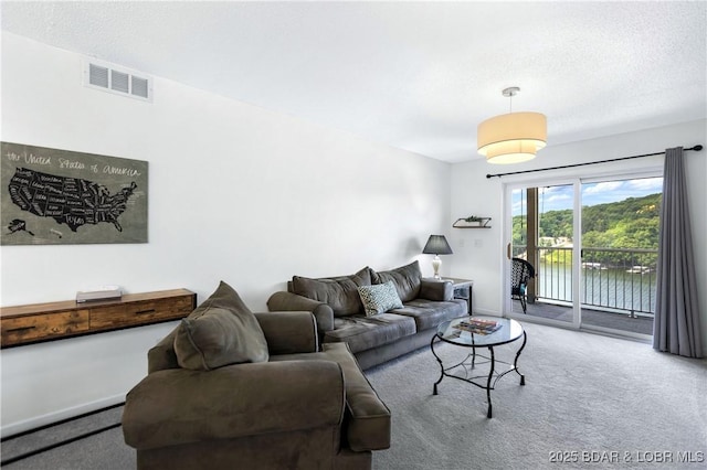 living room featuring a water view, carpet flooring, and a textured ceiling