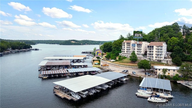 drone / aerial view featuring a water view