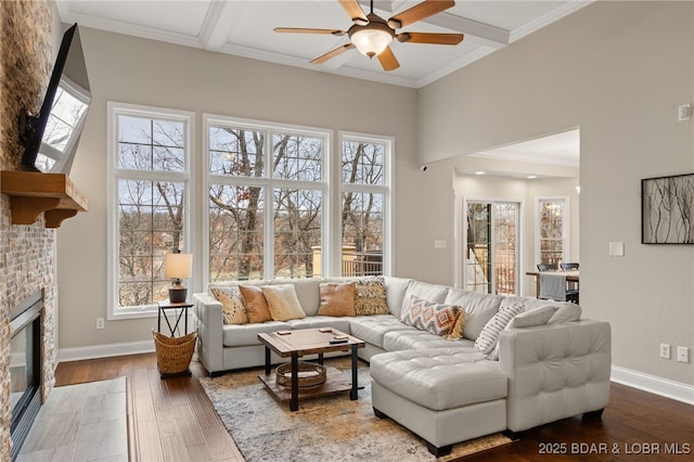 living room with a towering ceiling, a fireplace, ornamental molding, and wood-type flooring