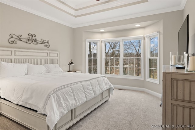 bedroom featuring ornamental molding and light colored carpet