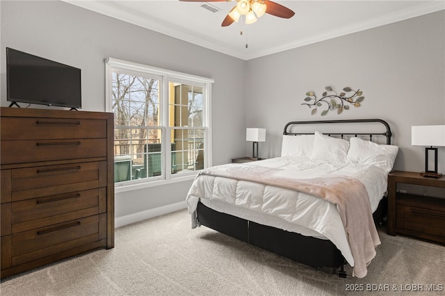 bedroom featuring light colored carpet, ornamental molding, and multiple windows