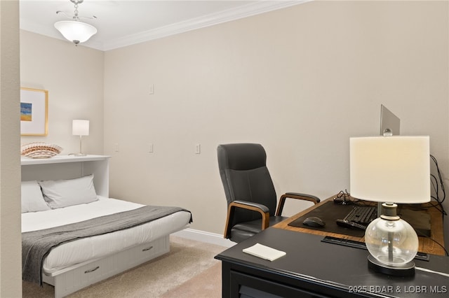 carpeted bedroom featuring ornamental molding