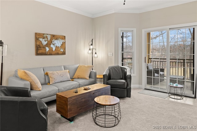 living room featuring light carpet and crown molding