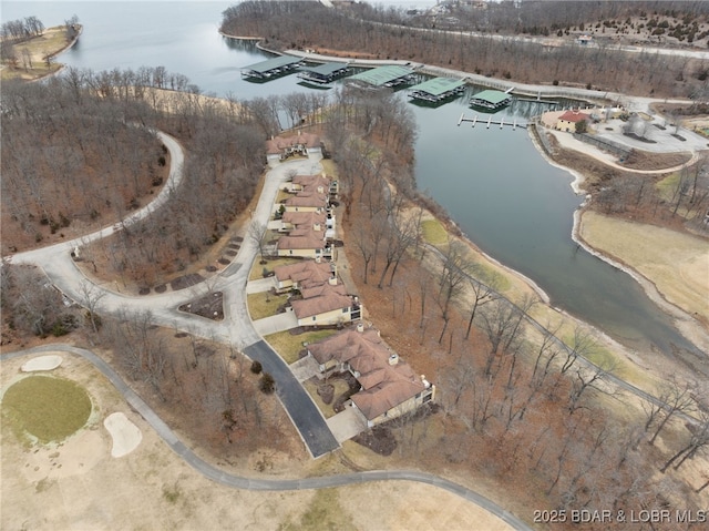 birds eye view of property with a water view