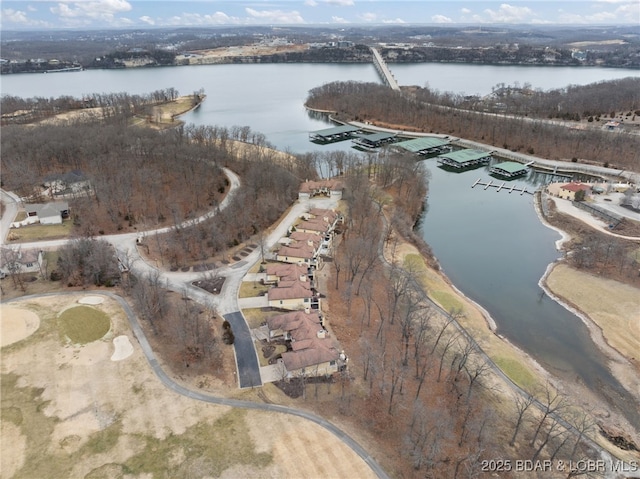 birds eye view of property with a water view