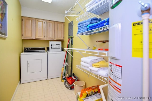 clothes washing area featuring cabinets, electric water heater, and washer and clothes dryer