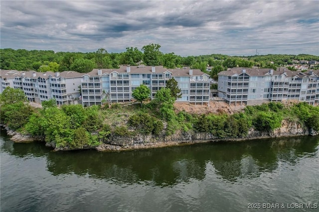 bird's eye view with a water view