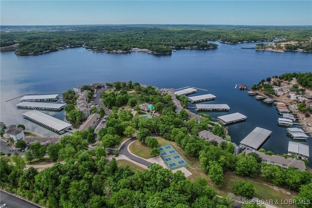 drone / aerial view with a water view