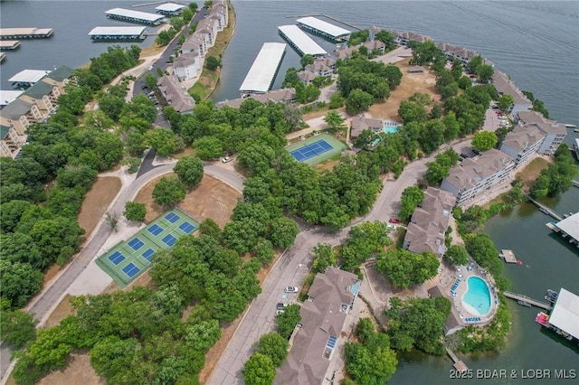 aerial view featuring a water view