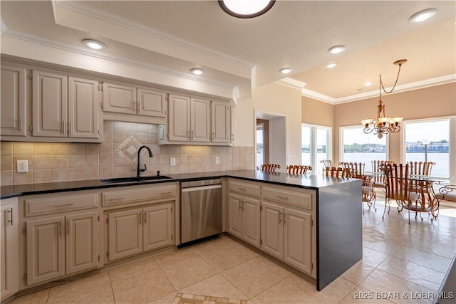 kitchen with sink, backsplash, hanging light fixtures, stainless steel dishwasher, and a water view