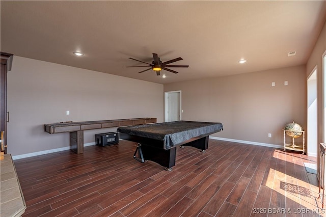 rec room featuring billiards, dark hardwood / wood-style floors, and ceiling fan